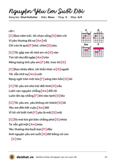 Hợp âm Nguyện Yêu Em Suốt Đời (Khuê KuGuitar) – bản nhạc PDF trang 1, tông C