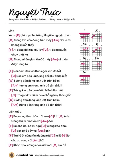 Hợp âm Nguyệt Thực (Da Lab) – bản nhạc PDF trang 1, tông Am