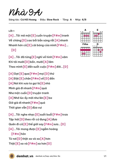 Hợp âm Nhà 9A (Cá Hồi Hoang) – bản nhạc PDF trang 1, tông A