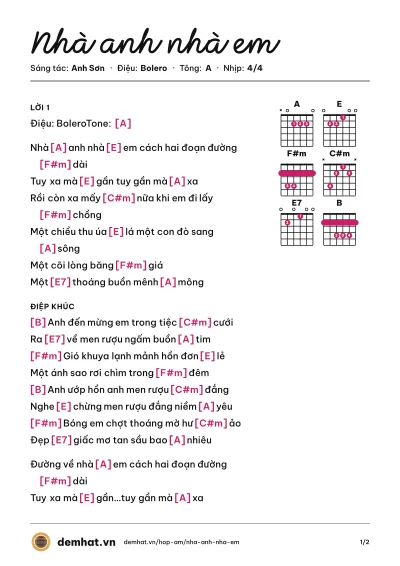 Hợp âm Nhà anh nhà em (Quang Lê) – bản nhạc PDF trang 1, tông A