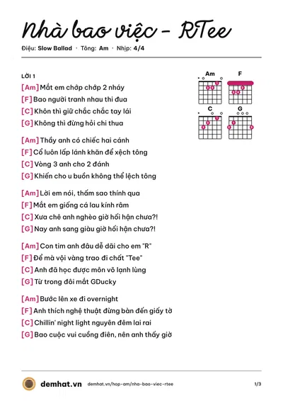 Hợp âm Nhà bao việc - RTee (R. Tee) – bản nhạc PDF trang 1, tông Am