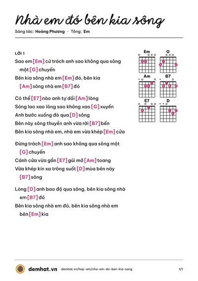 Hợp âm Nhà em đó bên kia sông (Hoàng Phương) – bản nhạc PDF trang 1, tông Em