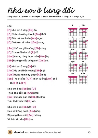 Hợp âm Nhà em ở lưng đồi (Thùy Chi) – bản nhạc PDF trang 1, tông F
