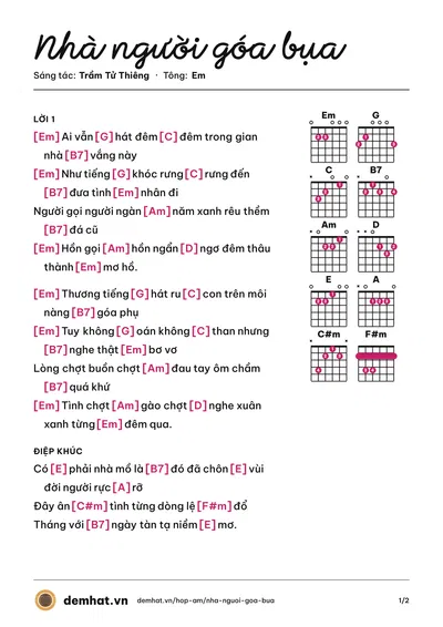 Hợp âm Nhà người góa bụa (Trầm Tử Thiêng) – bản nhạc PDF trang 1, tông Em