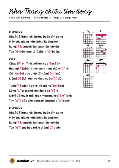 Hợp âm Nha Trang chiều tím đọng (Thanh Lam) – bản nhạc PDF trang 1, tông C