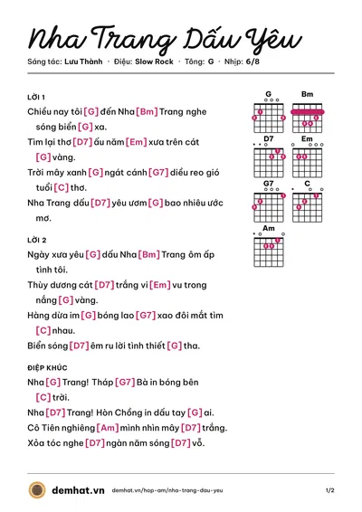 Hợp âm Nha Trang Dấu Yêu (Lưu Thành) – bản nhạc PDF trang 1, tông G