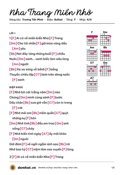 Hợp âm Nha Trang Miền Nhớ (Trương Tấn Minh) – bản nhạc PDF trang 1, tông F