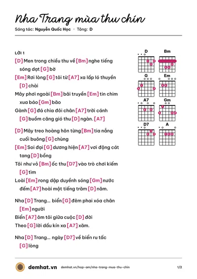 Hợp âm Nha Trang mùa thu chín (Lệ Hồng) – bản nhạc PDF trang 1, tông D