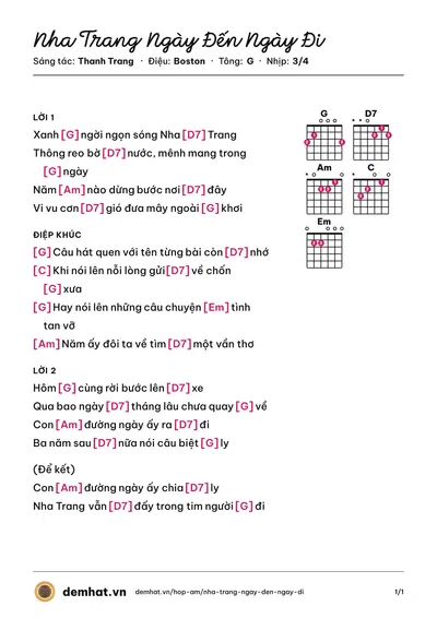 Hợp âm Nha Trang Ngày Đến Ngày Đi (Vũ Trung Hiền) – bản nhạc PDF trang 1, tông G