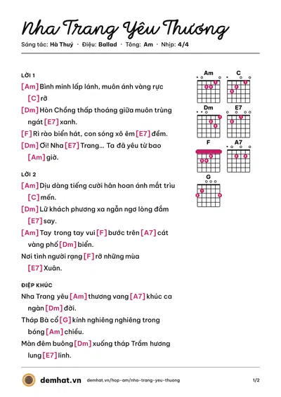 Hợp âm Nha Trang Yêu Thương (Hà Thuý) – bản nhạc PDF trang 1, tông Am