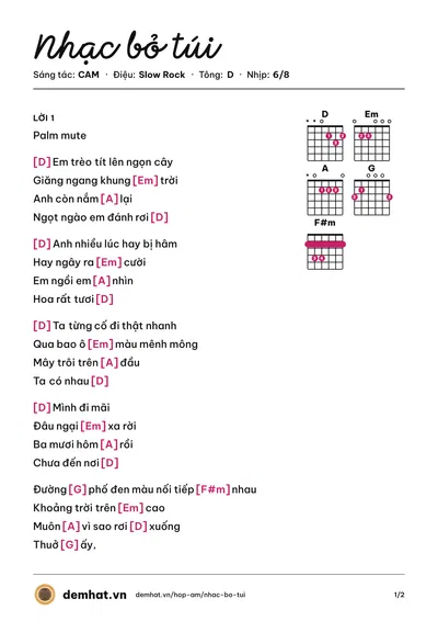 Hợp âm Nhạc bỏ túi (CAM) – bản nhạc PDF trang 1, tông D