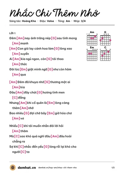 Hợp âm Nhắc Chi Thêm Nhớ (Hoàng Kha) – bản nhạc PDF trang 1, tông Am