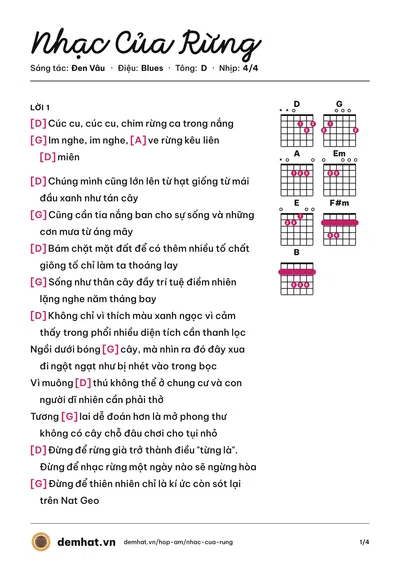 Hợp âm Nhạc Của Rừng (Đen Vâu) – bản nhạc PDF trang 1, tông D