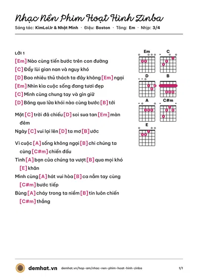Hợp âm Nhạc Nền Phim Hoạt Hình Zinba (KimLoiJr) – bản nhạc PDF trang 1, tông Em