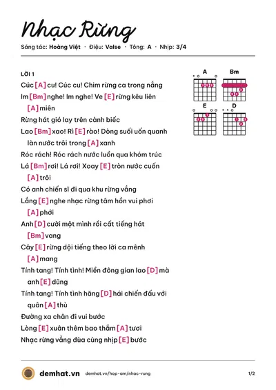 Hợp âm Nhạc Rừng (Thanh Lan) – bản nhạc PDF trang 1, tông A