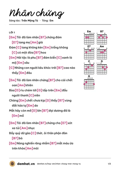 Hợp âm Nhân chứng (Thanh Lan) – bản nhạc PDF trang 1, tông Em