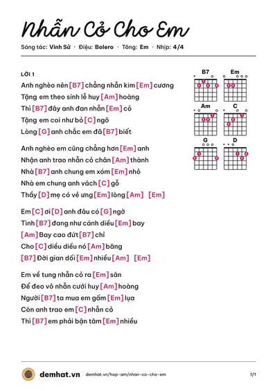 Hợp âm Nhẫn Cỏ Cho Em (Trường Vũ) – bản nhạc PDF trang 1, tông Em