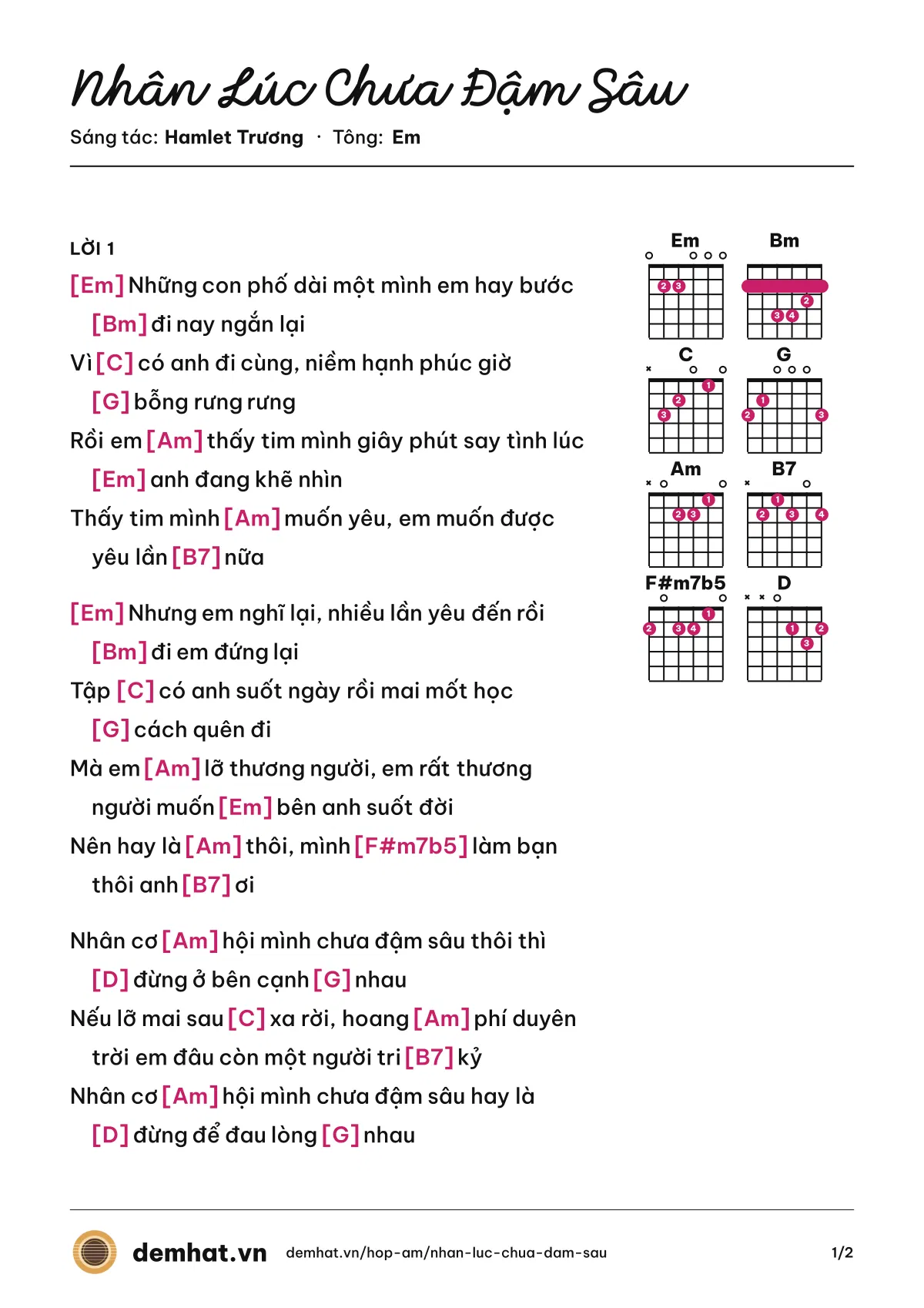 Hợp âm Nhân Lúc Chưa Đậm Sâu (Phạm Quỳnh Anh) – bản nhạc PDF trang 1, tông Em