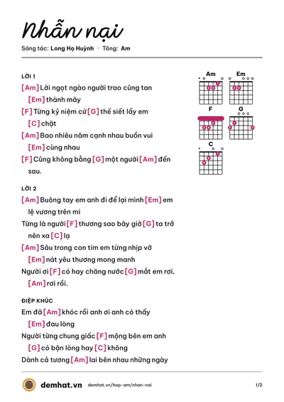Hợp âm Nhẫn nại (Kim Ny Ngọc) – bản nhạc PDF trang 1, tông Am