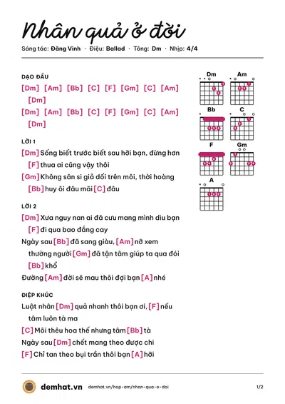 Hợp âm Nhân quả ở đời (Đăng Vinh) – bản nhạc PDF trang 1, tông Dm