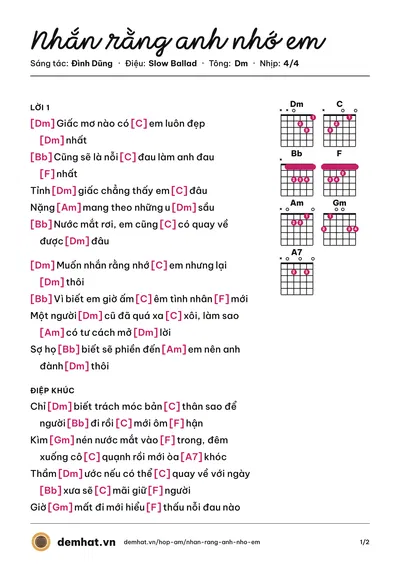 Hợp âm Nhắn rằng anh nhớ em (Đình Dũng) – bản nhạc PDF trang 1, tông Dm