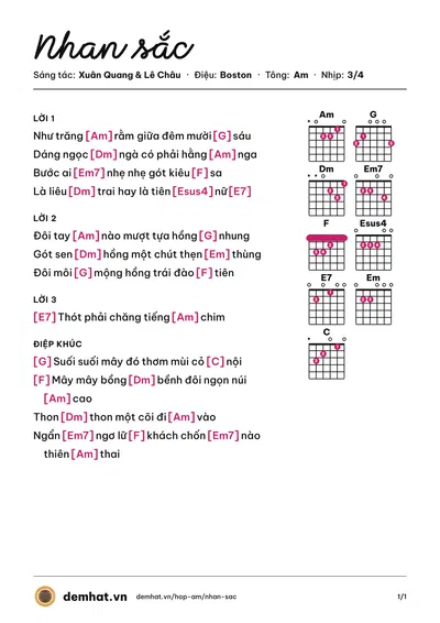 Hợp âm Nhan sắc (Đoàn Minh) – bản nhạc PDF trang 1, tông Am