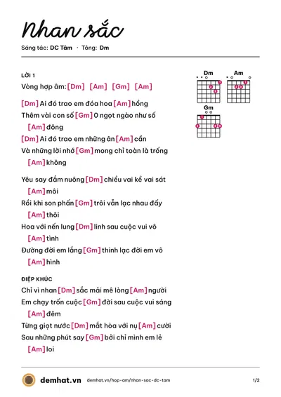 Hợp âm Nhan sắc (Huỳnh Ái Vy) – bản nhạc PDF trang 1, tông Dm