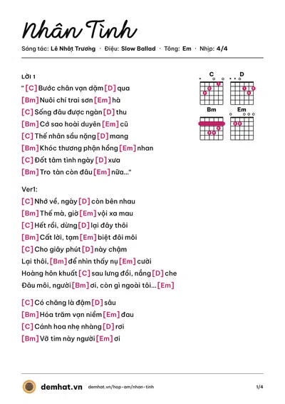 Hợp âm Nhân Tình (Lê Nhật Trường) – bản nhạc PDF trang 1, tông Em