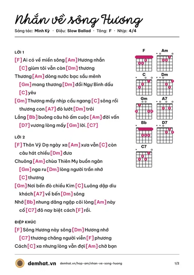Hợp âm Nhắn về sông Hương (Bảo Yến) – bản nhạc PDF trang 1, tông F