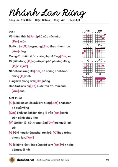 Hợp âm Nhánh Lan Rừng (Đan Trường) – bản nhạc PDF trang 1, tông Am