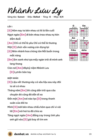 Hợp âm Nhành Lưu Ly (Sunset) – bản nhạc PDF trang 1, tông G