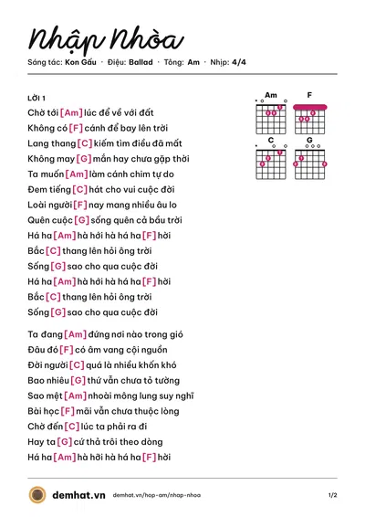 Hợp âm Nhập Nhòa (Kon Gấu) – bản nhạc PDF trang 1, tông Am