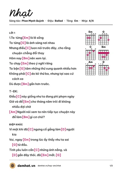 Hợp âm Nhạt (Phan Mạnh Quỳnh) – bản nhạc PDF trang 1, tông Em