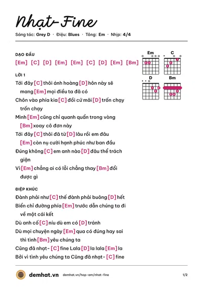 Hợp âm Nhạt-Fine (Grey D) – bản nhạc PDF trang 1, tông Em