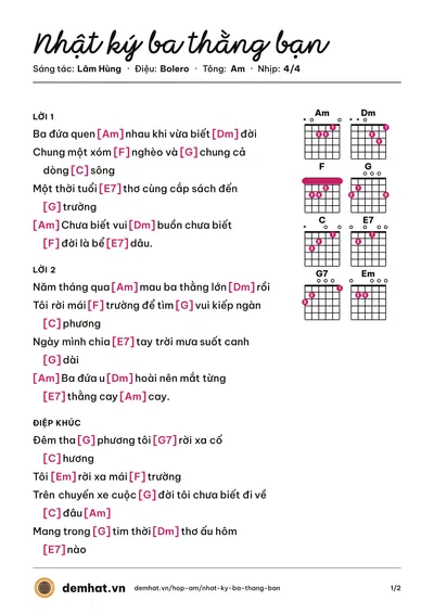 Hợp âm Nhật ký ba thằng bạn (Lâm Hùng) – bản nhạc PDF trang 1, tông Am