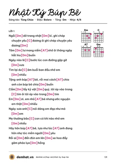 Hợp âm Nhật Ký Búp Bê (Tùng Chùa) – bản nhạc PDF trang 1, tông Dm