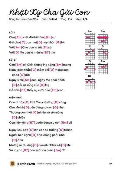 Hợp âm Nhật Ký Cha Gửi Con (Ninh Bảo Vân) – bản nhạc PDF trang 1, tông Em