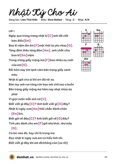 Hợp âm Nhật Ký Cho Ai (Vân Quang Long) – bản nhạc PDF trang 1, tông C