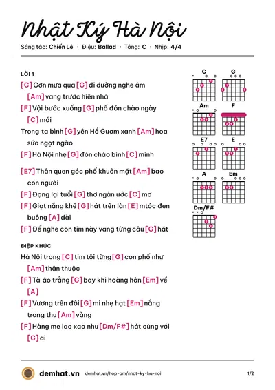 Hợp âm Nhật Ký Hà Nội (Hạnh Chibi) – bản nhạc PDF trang 1, tông C