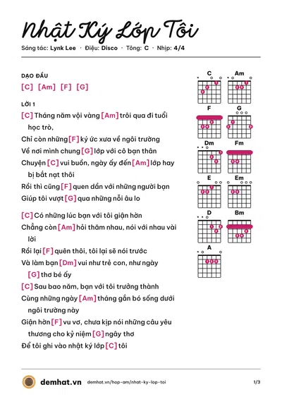 Hợp âm Nhật Ký Lớp Tôi (Lynk Lee) – bản nhạc PDF trang 1, tông C