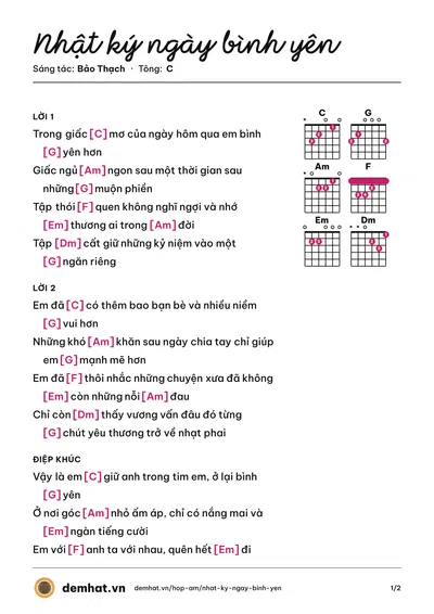Hợp âm Nhật ký ngày bình yên (Bảo Thạch) – bản nhạc PDF trang 1, tông C