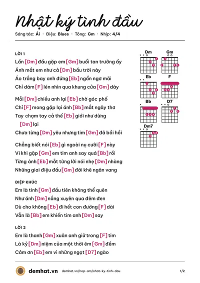 Hợp âm Nhật ký tình đầu (Ái) – bản nhạc PDF trang 1, tông Gm