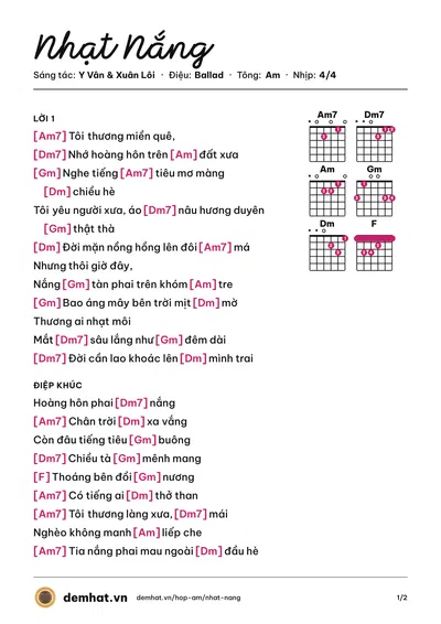 Hợp âm Nhạt Nắng (Cẩm Ly) – bản nhạc PDF trang 1, tông Am