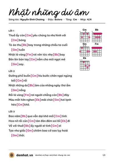 Hợp âm Nhặt những dư âm (Nguyễn Đình Chương) – bản nhạc PDF trang 1, tông Cm