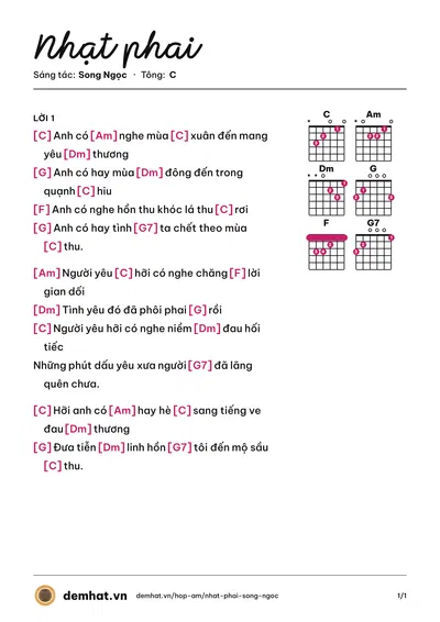 Hợp âm Nhạt phai (Ý Lan) – bản nhạc PDF trang 1, tông C