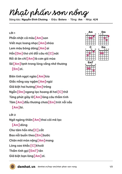 Hợp âm Nhạt phấn son nồng (Nguyễn Đình Chương) – bản nhạc PDF trang 1, tông Am
