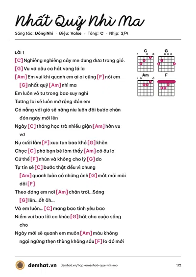 Hợp âm Nhất Quỷ Nhì Ma (Đông Nhi) – bản nhạc PDF trang 1, tông C
