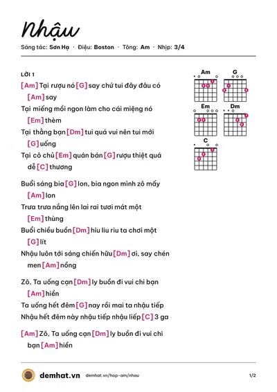 Hợp âm Nhậu (Hàn Thái Tú) – bản nhạc PDF trang 1, tông Am