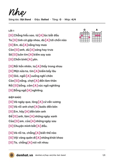 Hợp âm Nhẹ (Bệt Band) – bản nhạc PDF trang 1, tông G