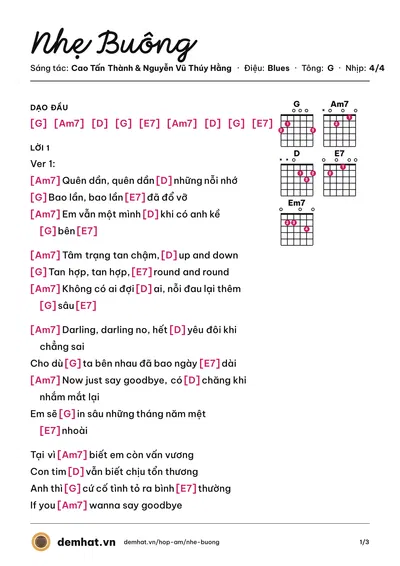 Hợp âm Nhẹ Buông (Hằng ssi) – bản nhạc PDF trang 1, tông G